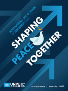 Words: Shaping Peace Together. Image of a white dove